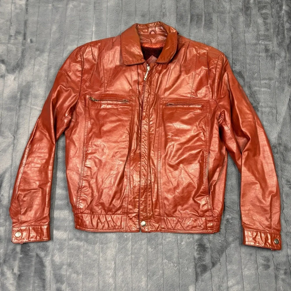 Chess King Mens Vintage 80s Red Leather Bomber Jacket Faux Fur Lined Size 40
